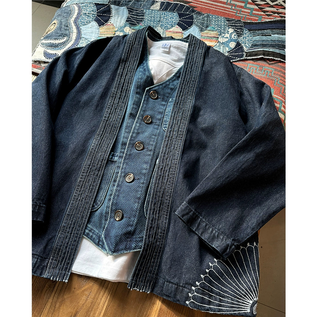 Japanese retro men's spring and autumn heavyweight washed denim washed embroidered robe jacket jacket men's and women's trendy tops