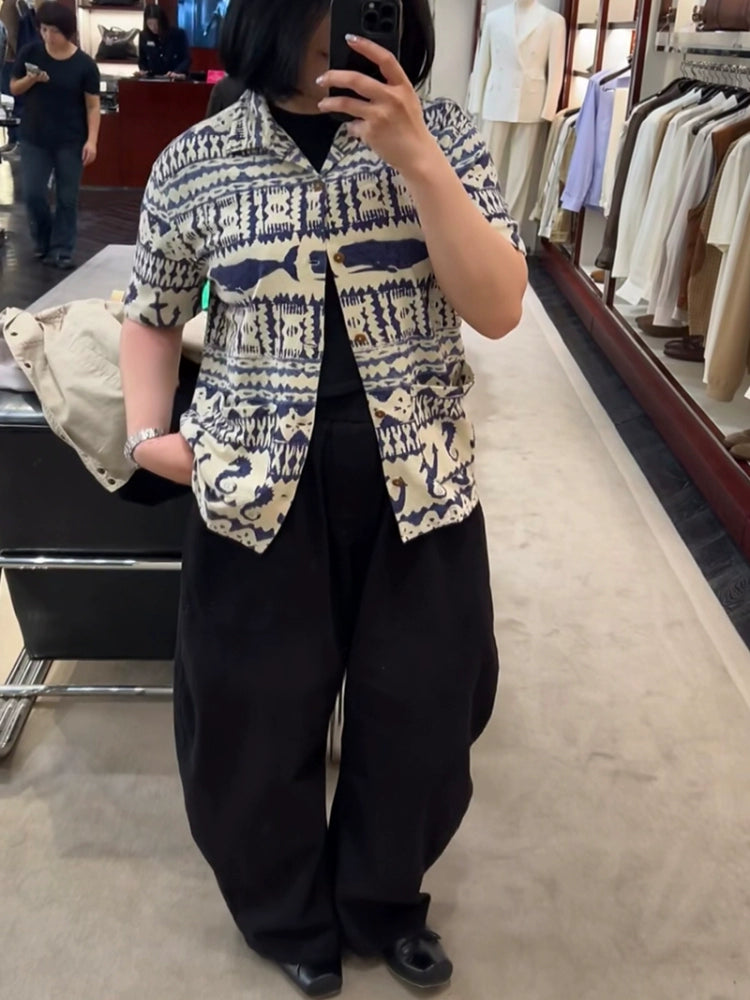 Japanese casual cotton and linen blend navy whale print Cuba collar short sleeve shirt