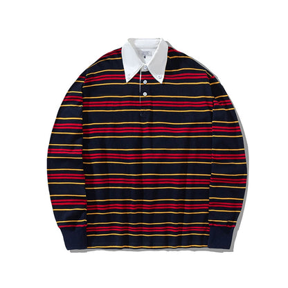 2025 STRIPED BUTTON-DOWN NECK RUGBY SHIRT LONG SLEEVE STYLE YOUTH NO-IRON POP COLOR MATCHING POP
