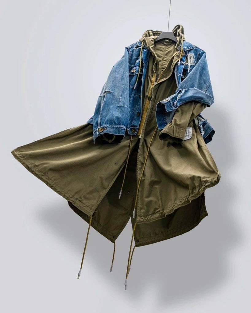 MIHARA YASUHIRO Mihara Yasuhiro Spring and Autumn Destroyed Denim Stitching Army Green Windbreaker Jacket