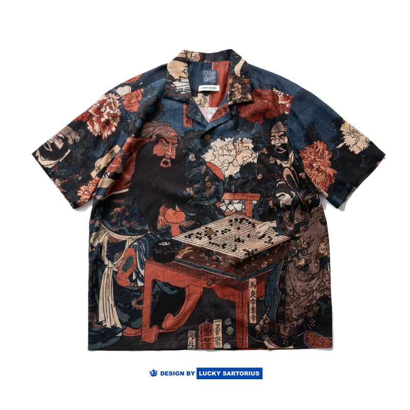 Mikuni Guan Yu cartoon character print summer lyocell ice sense tencel fabric cuban collar short sleeve shirt men and women