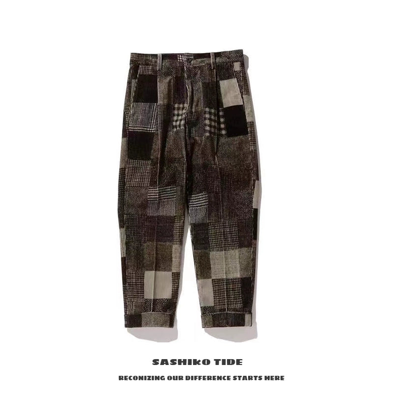 Japanese retro popular corduroy plaid stitching tapered men's and women's casual trousers