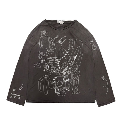 Vintage Distressed Graffiti Long Sleeve T-Shirt – Loose Unisex Streetwear – Japanese vintage | yamalin clothes | Yamalinclothes