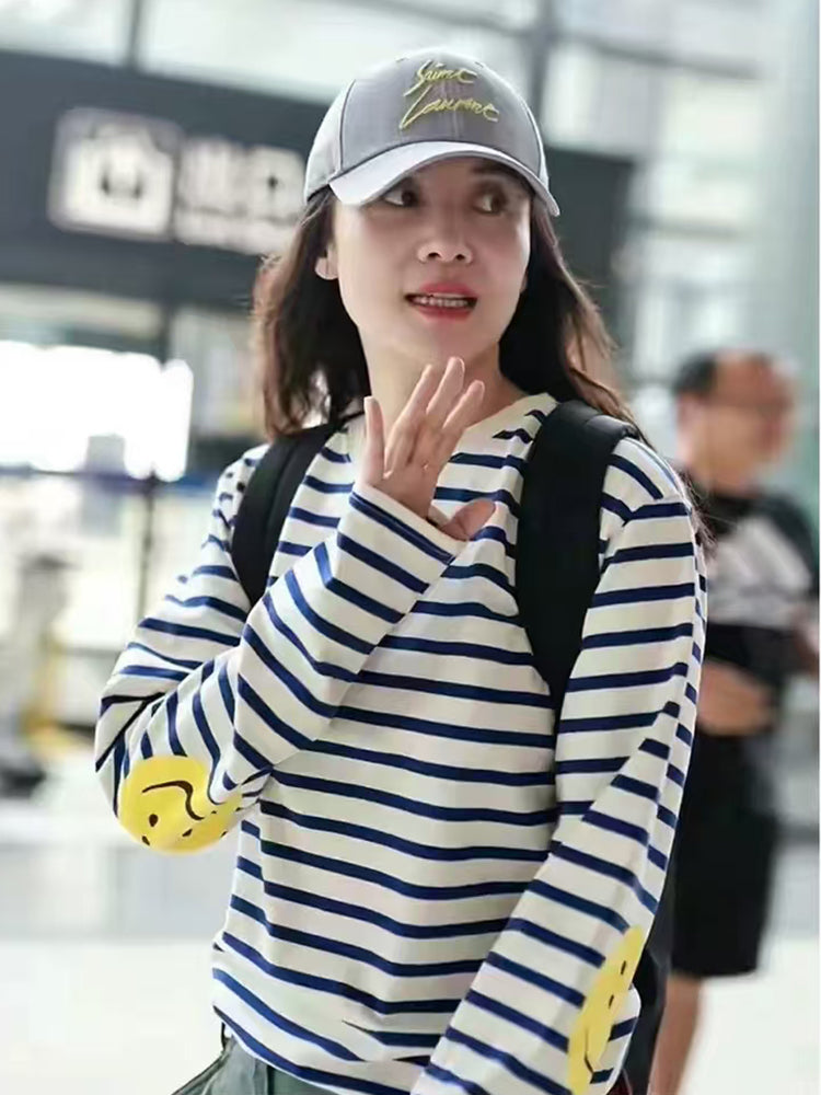 Japanese men's and women's striped four-eye smiley face print casual long-sleeved base shirt T-shirt