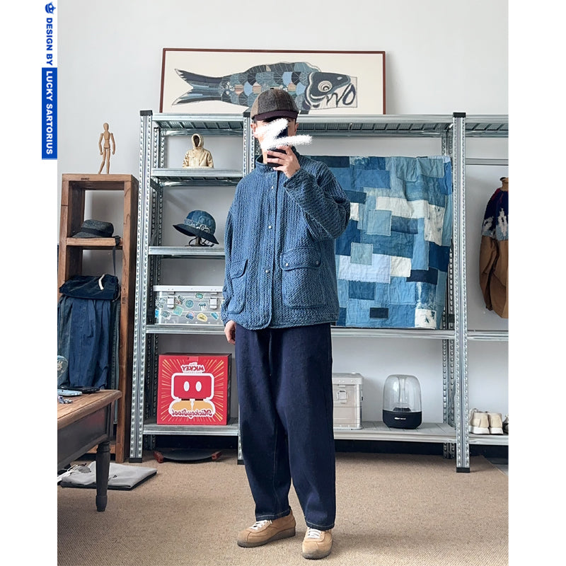 Japanese spring and autumn style, old imitation Kendo cloth texture, stand collar, blue overalls jacket