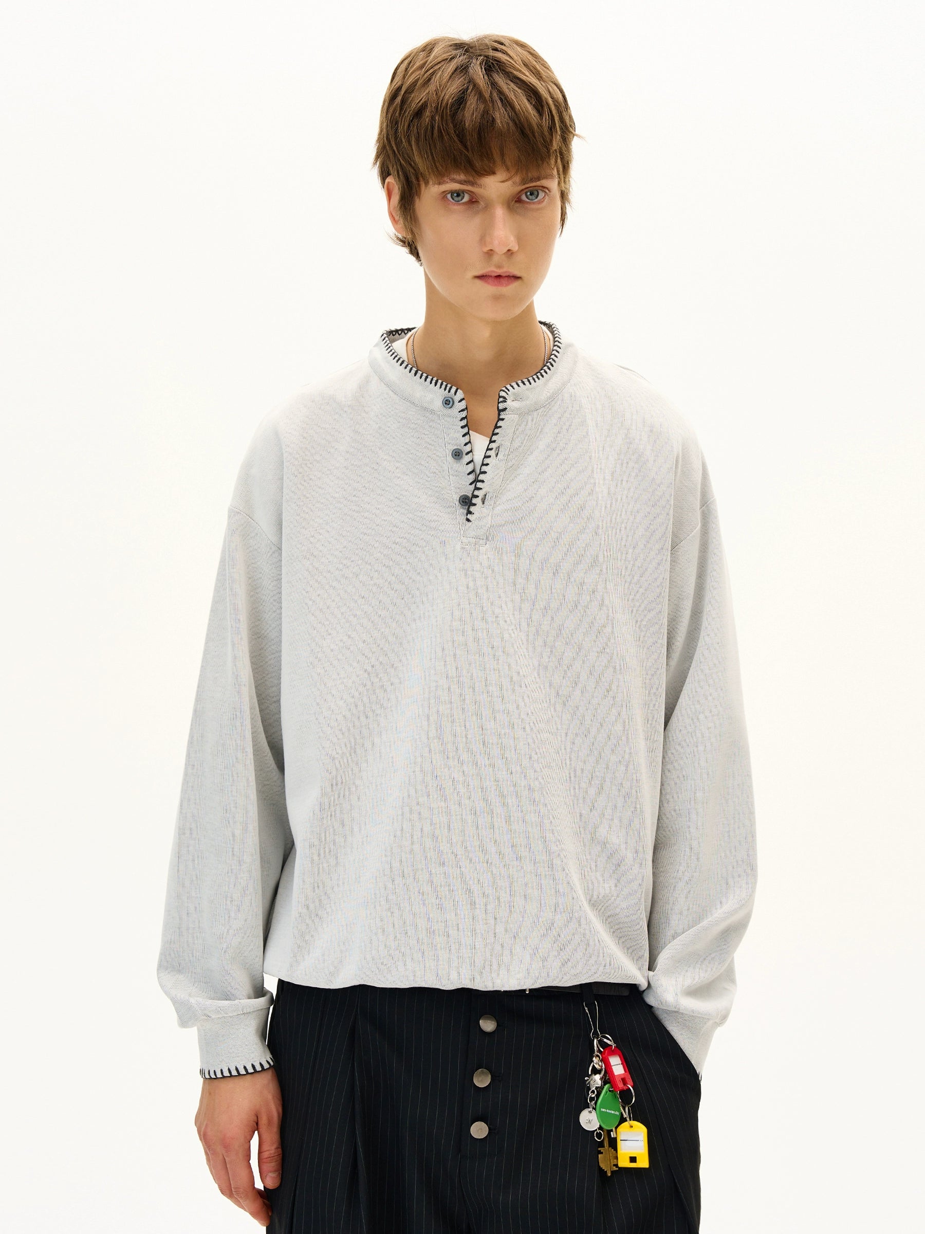 Hand-Stitched Henry Collar Knitted Sweatshirt – Old-Money Loose Unisex Top