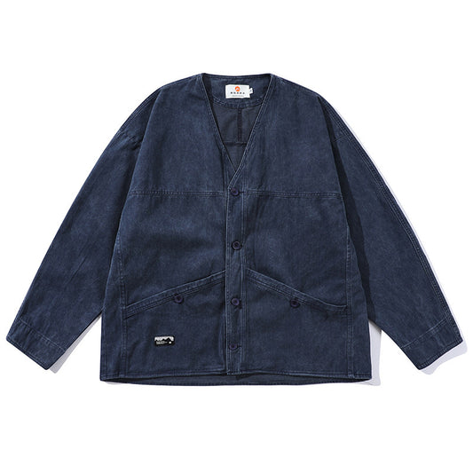 Japanese spring v-neck cardigan loose simple top brushed collarless robe jacket ins spring thin jacket men