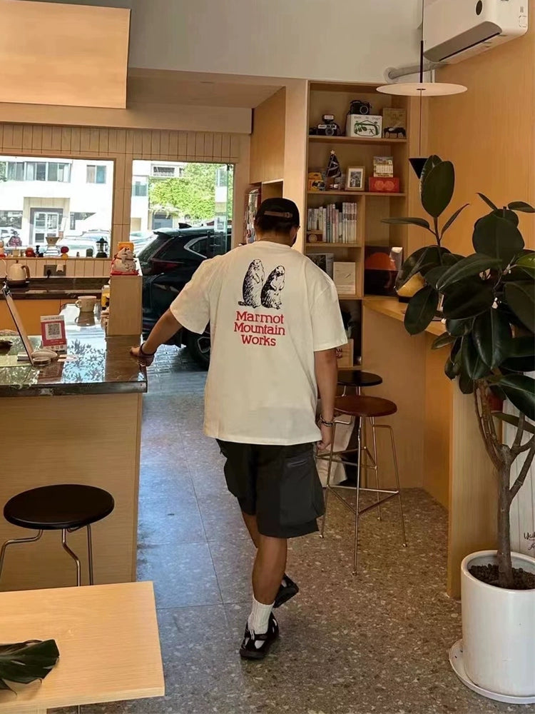 Joint groundhog print loose casual heavyweight short sleeve T-shirt for men