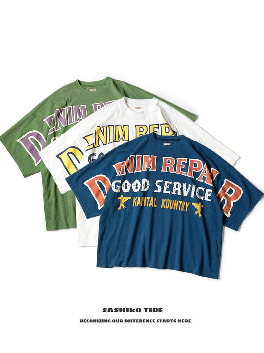 Japanese five-quarter sleeve three-color monogram print loose crewneck short sleeve T-shirt