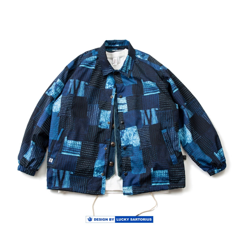 Indigo Old Cloth Sashiko Embroidery Loose Drop Shoulder Jacket