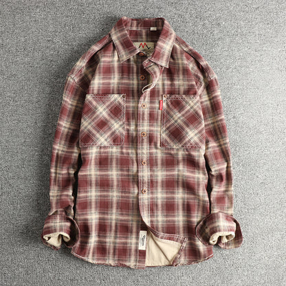 Japanese Plaid Workwear Shirt – Men's Washed Cotton Large Pocket Long-Sleeve