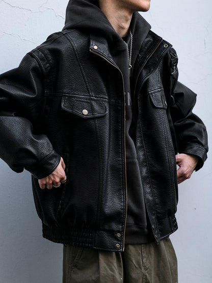 American Vintage Pebbled Leather Moto Jacket – Oversized Stand Collar Men's Coat