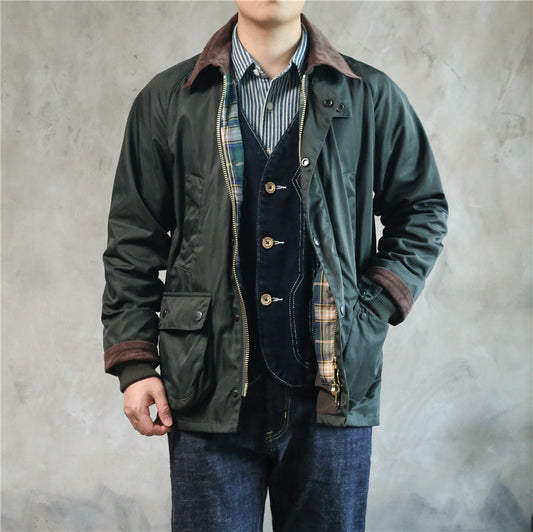 American Oil Wax Hunting Jacket Corduroy Collar Vintage Aramco Cart Waterproof British Trench Coat Jacket Men's Autumn Winter | Japanese vintage | yamalin clothes | Yamalinclothes