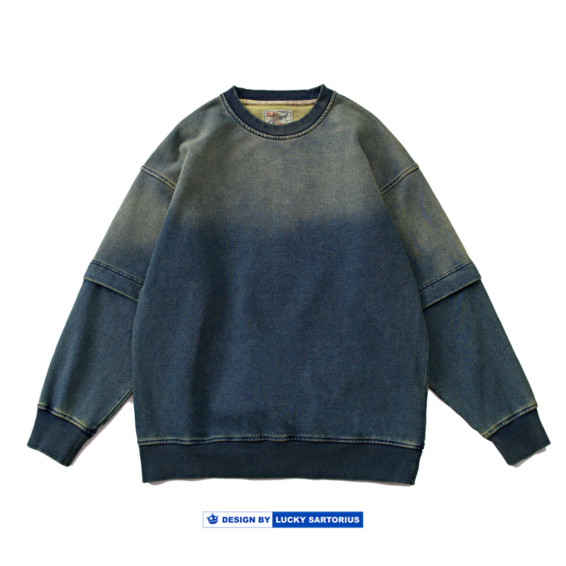 Japanese men's heavy washing fake two-piece sleeve round collar pullover long-sleeved sweater