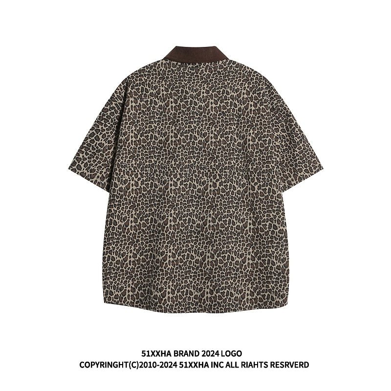 hip-hop American retro vintage leopard print polo collar denim short-sleeved men's and women's trendy brand fried street heavy shirts