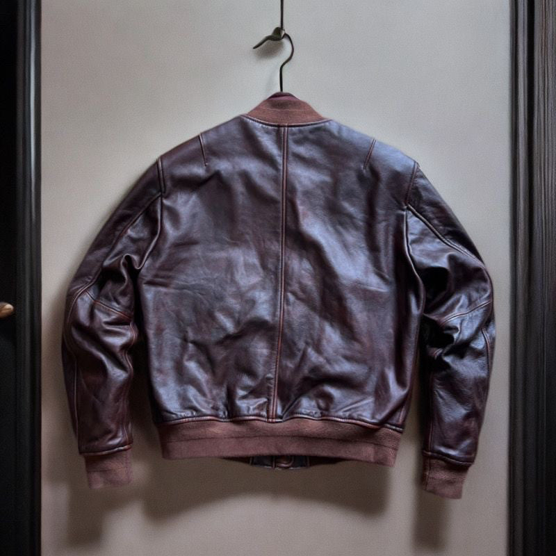 Vintage Cowhide MA-1 Flight Jacket – Hand-Polished Dark Brown Leather