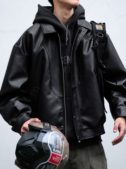 Lychee-Grain PU Leather Lapel Jacket – American Retro Oversized Unisex