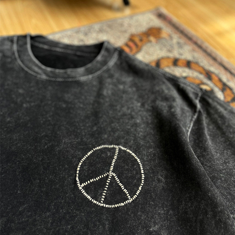 High-gram heavy cotton heavy fried snowflakes hand-embroidered anti-war loose summer short-sleeved T-shirt trend drop shoulder tee | Japanese vintage | yamalin clothes | Yamalinclothes