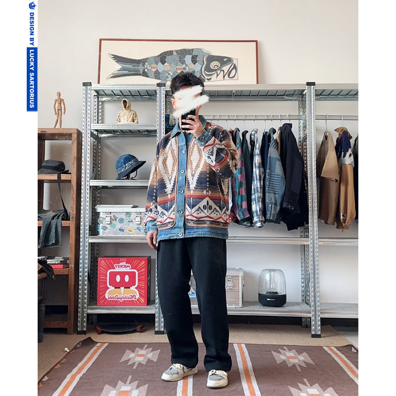 Japanese retro ethnic style woolen denim multi-material stitching deconstructed fake two-piece design jacket jacket men's and women's trend