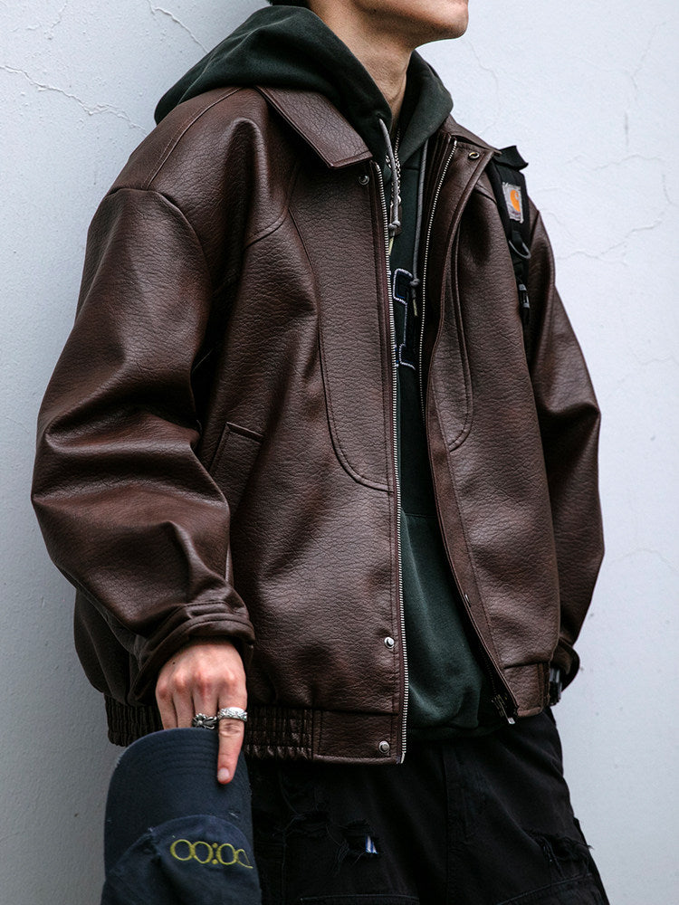Lychee-Grain PU Leather Lapel Jacket – American Retro Oversized Unisex