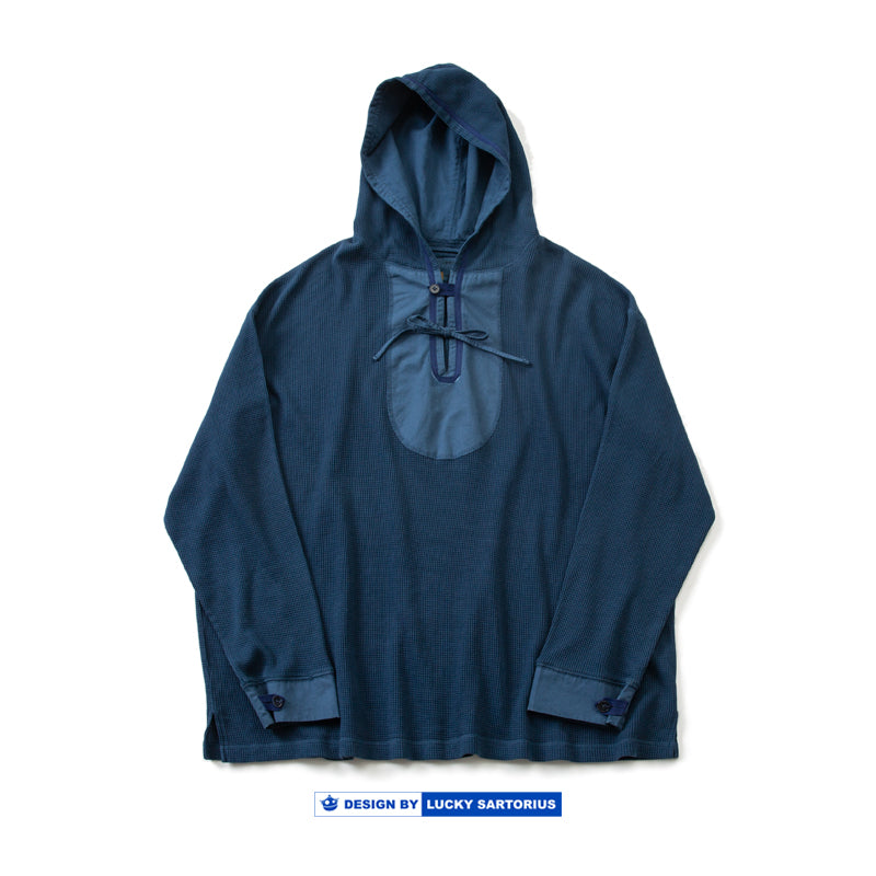Japanese loose dropped shoulders slouchy wind indigo dyed waffle hooded sweatshirt men