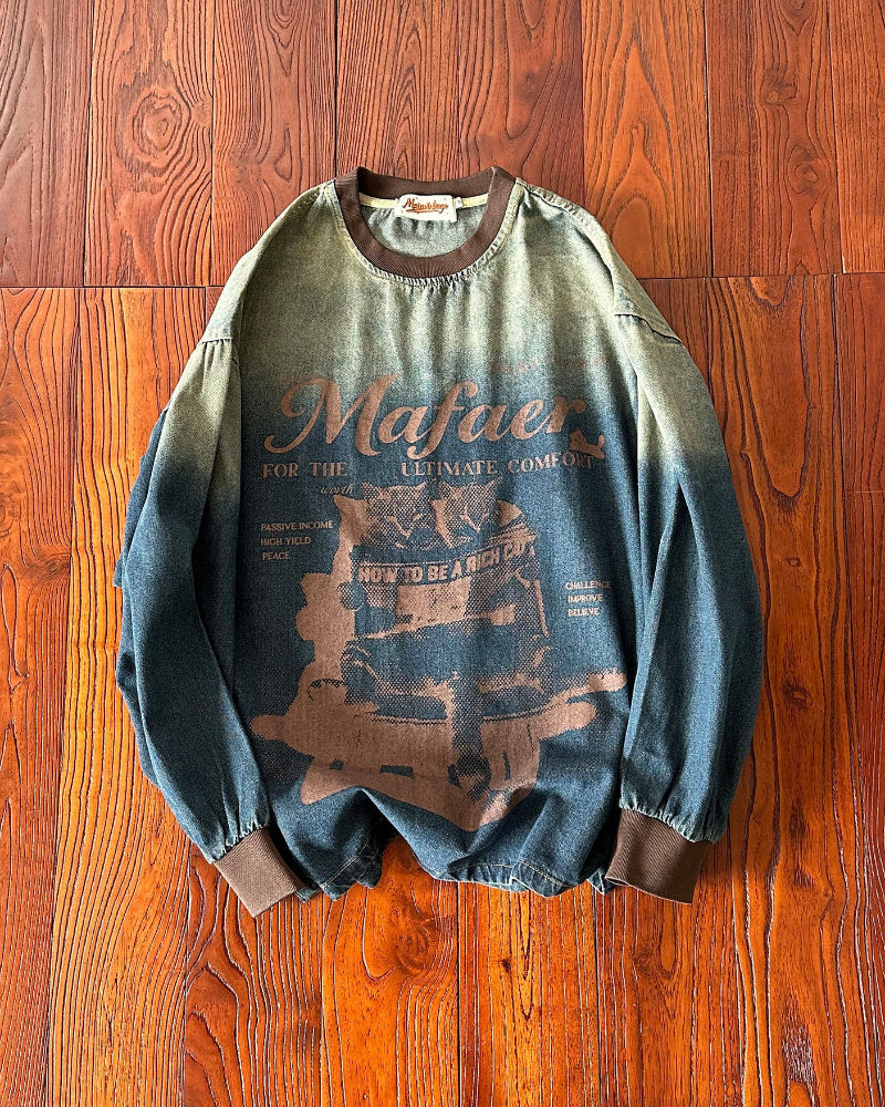 Washed Gradient Graffiti Print Denim Sweatshirt – Loose Wide-Cut Unisex Vintage