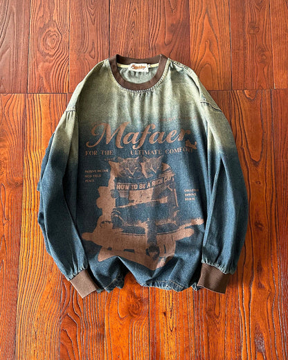 Washed Gradient Graffiti Print Denim Sweatshirt – Loose Wide-Cut Unisex Vintage