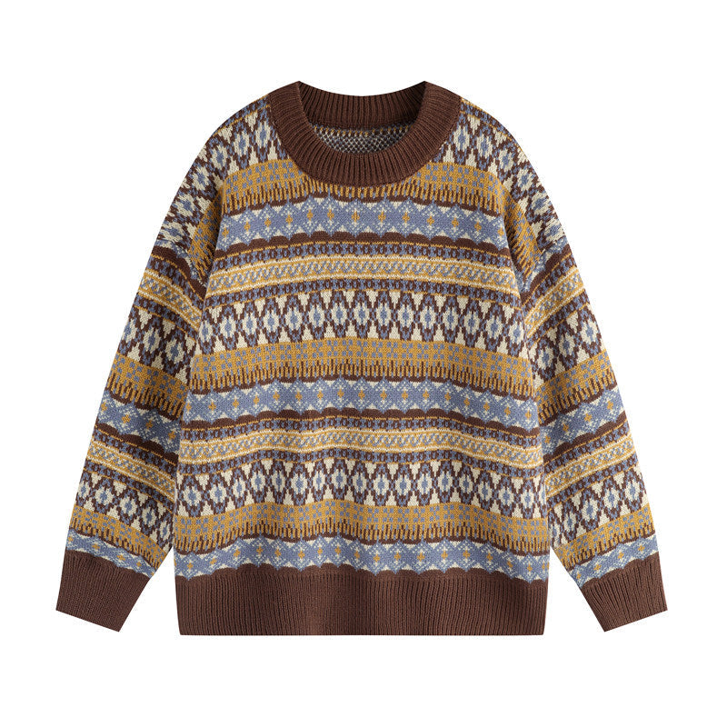 Fair Isle Vintage Knit Sweater – Oversized Unisex Brown Apricot