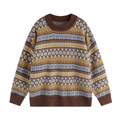 Fair Isle Vintage Knit Sweater – Oversized Unisex Brown Apricot