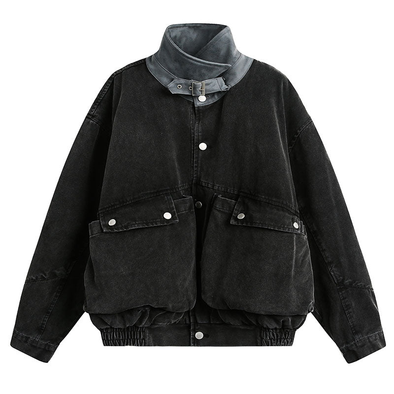 Washed Patchwork Lapel Cargo Jacket – American Retro Oversized Unisex