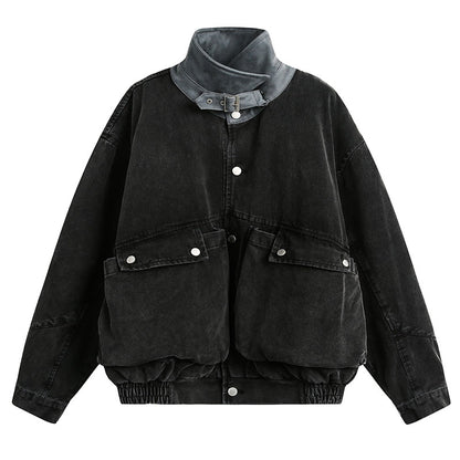Washed Patchwork Lapel Cargo Jacket – American Retro Oversized Unisex