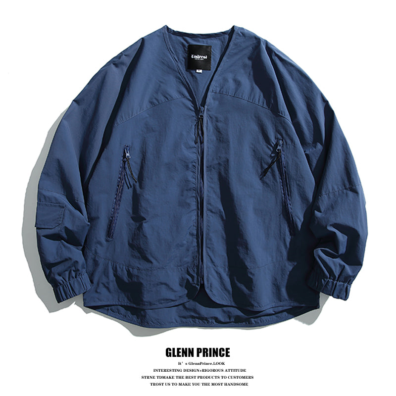 Japanese Vintage V-Neck Thin Cargo Jacket Men's Spring Outdoor Functional Waterproof Collarless Jacket