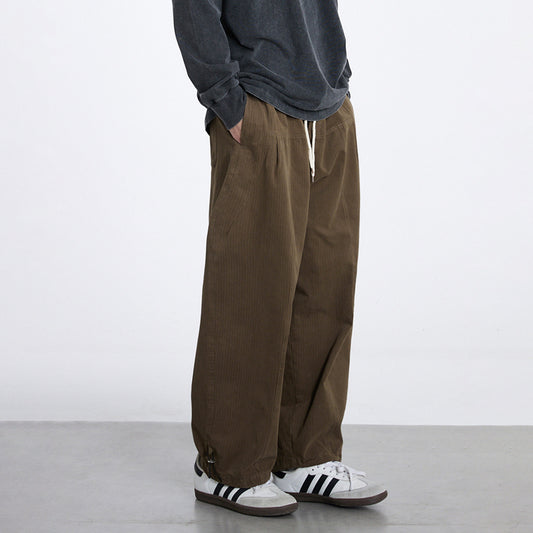 Men's 2025 New Japanese Retro Washed Cotton Loose Wide-leg Casual Pants Elasticated Waist Straight Cargo Leggings