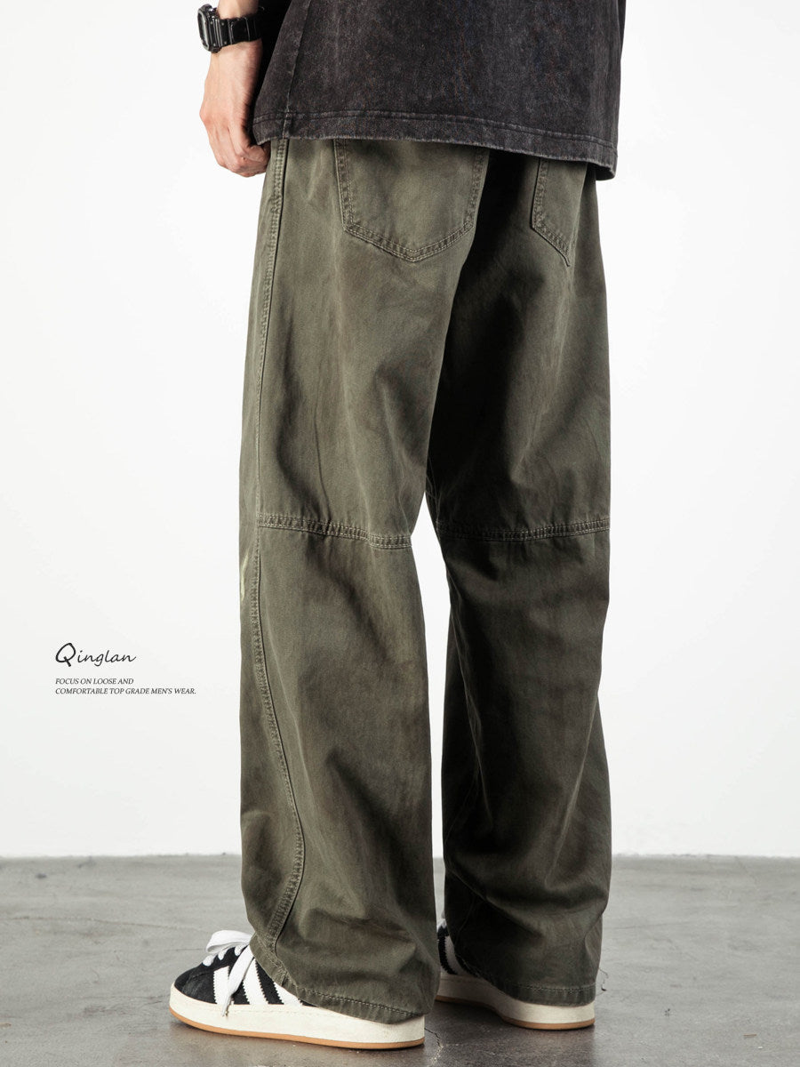 Army Green Straight Loose Elastic Waist Workwear Jeans – Unisex Casual