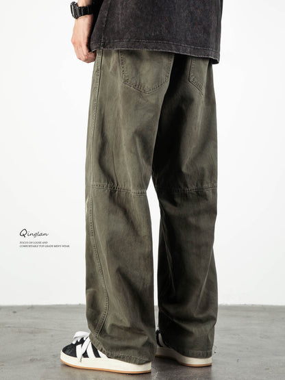 Army Green Straight Loose Elastic Waist Workwear Jeans – Unisex Casual