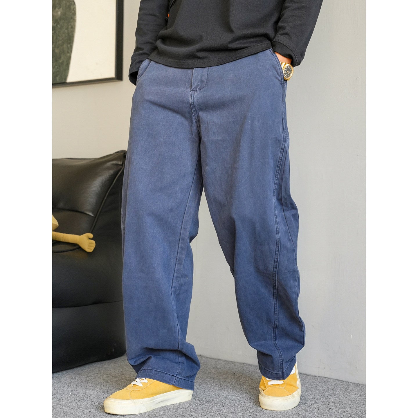Blue Vintage Utility Pants, Heavy-Duty Washed Distressed Casual Loose Wide-Leg Men's Long Pants Made of Pure Cotton