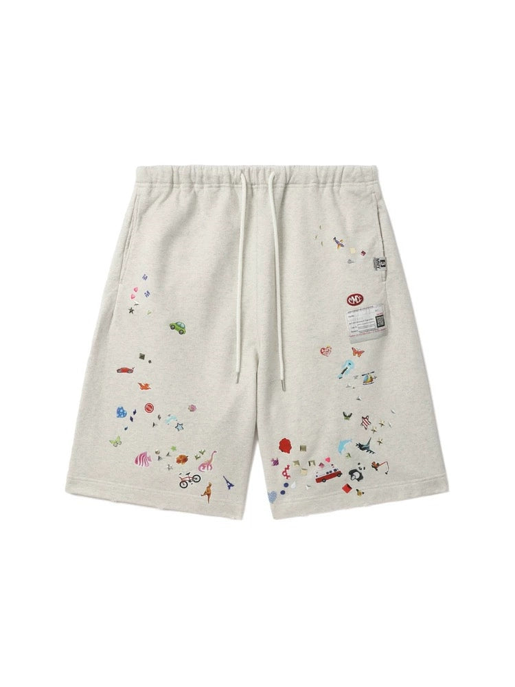 Japanese cotton fun print destruction elastic adjustment shorts