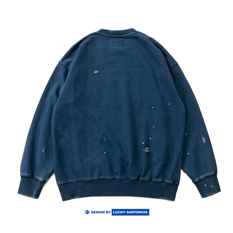 Japanese men's ethnic style patch indigo washed round neck pullover sweatshirt autumn and winter top men's and women's trend