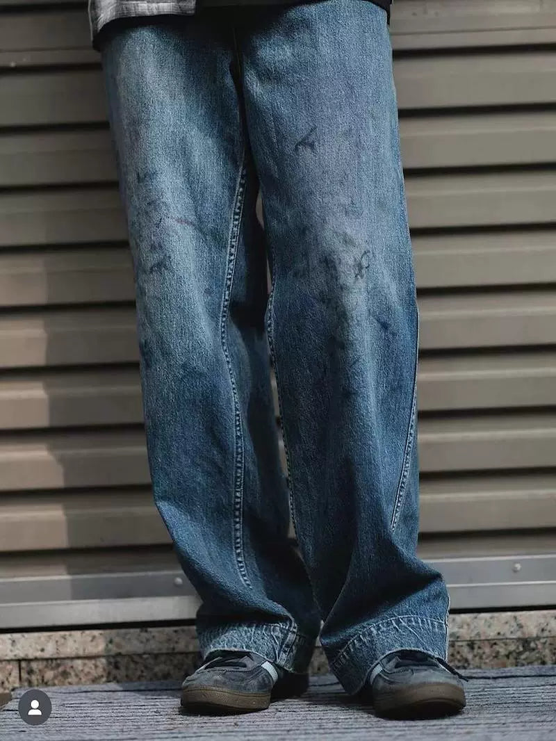 Japanese workwear straight jeans, loose and versatile washed and worn-out wide-leg pants