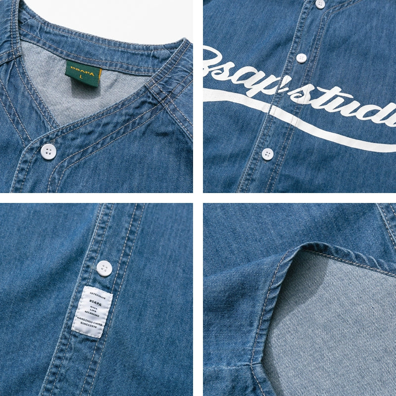 Japanese retro Ami khaki vintage letter printing baseball shirt men's loose denim tooling short-sleeved shirt