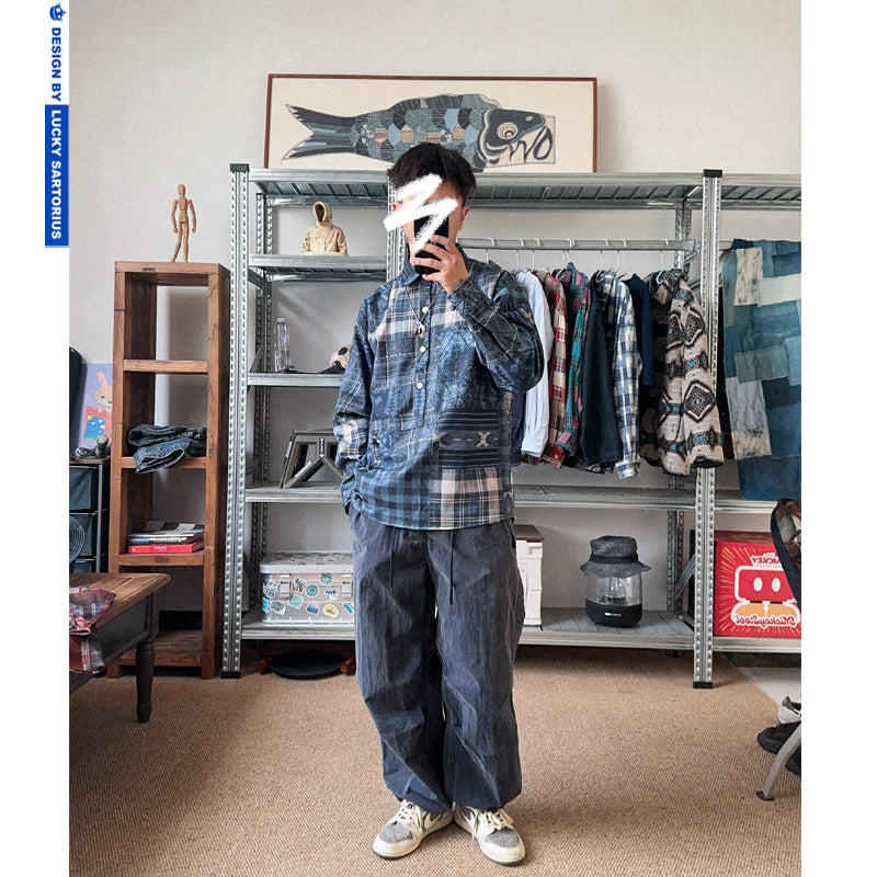 American retro Horner irregular plaid long sleeve shirt