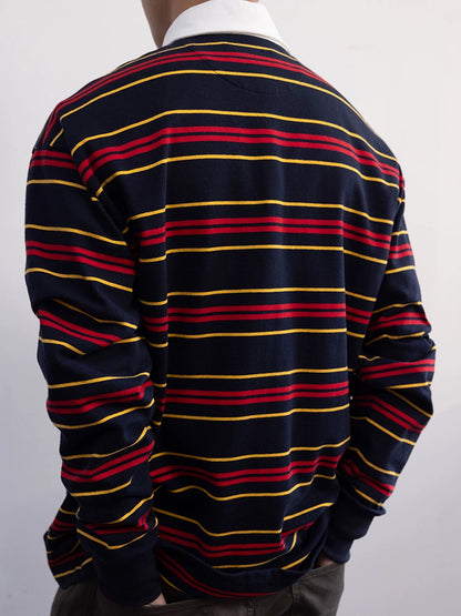 2025 STRIPED BUTTON-DOWN NECK RUGBY SHIRT LONG SLEEVE STYLE YOUTH NO-IRON POP COLOR MATCHING POP