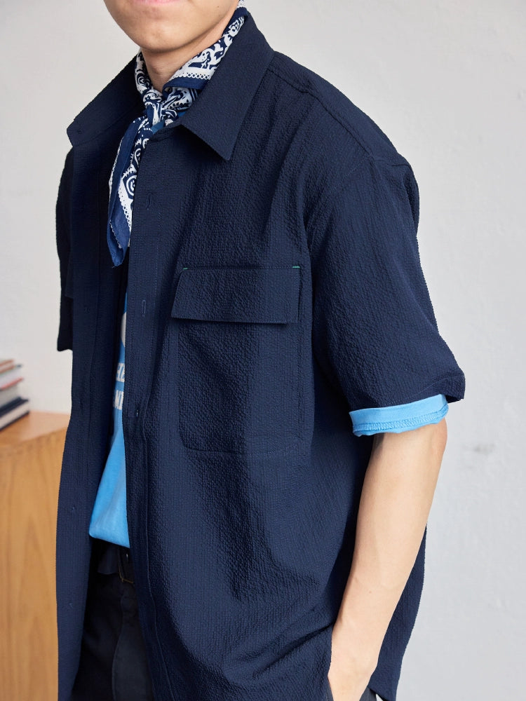 SEERSUCKER POCKET CARGO SHORT SLEEVE SHIRT MEN'S SUMMER 2024 NEW TREND THIN SHIRT TIDE