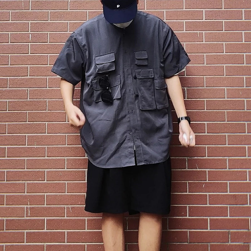 Japanese cityboy function casual loose multi-pocket suit short sleeve shirt