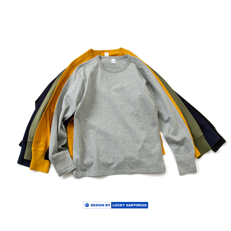 245g Khaki Thick Heavy Retro American Cotton Rugged Cotton Seamless Tube Weaving American Roll Collar Long Sleeve T-Shirt Men