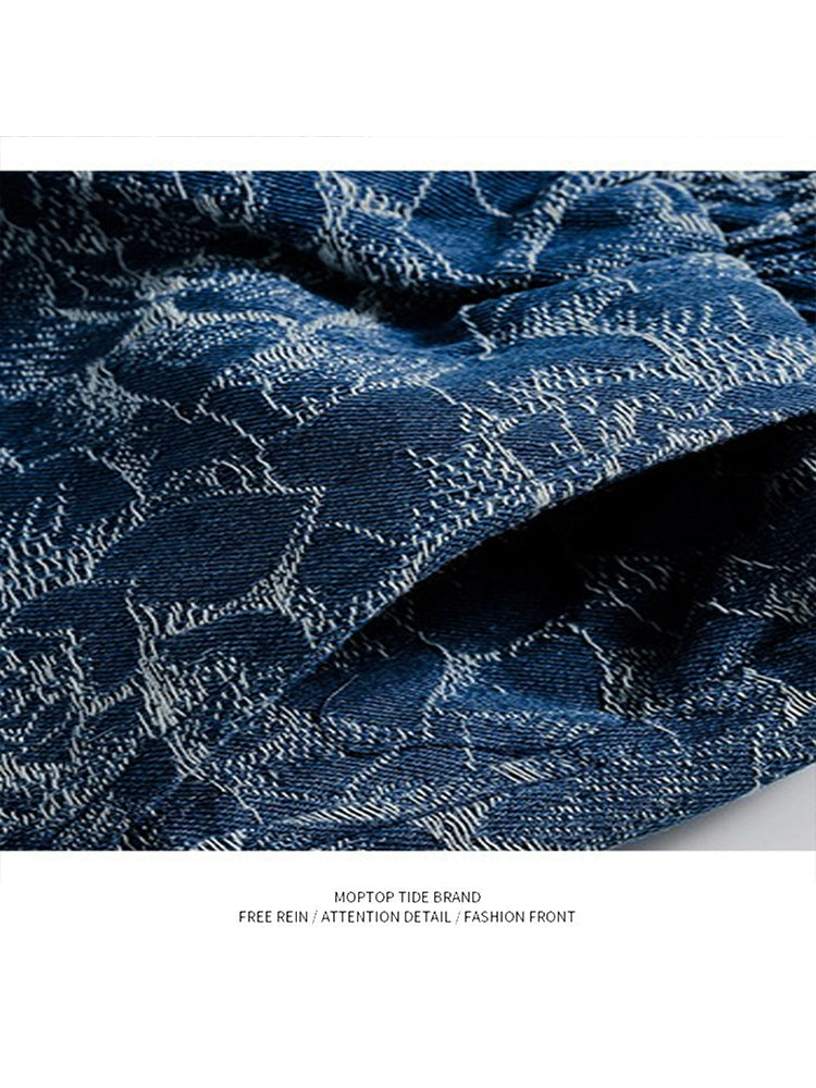 retro rose jacquard texture casual denim shorts men ins street hip-hop straight