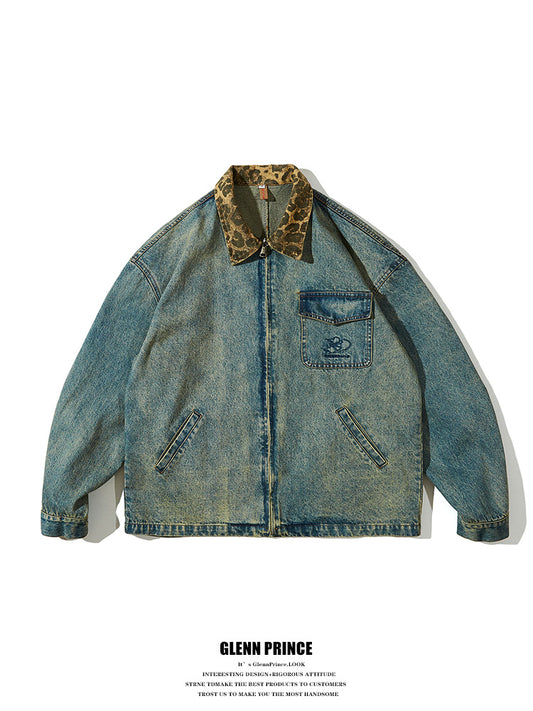 American Vintage Wash Panelled Leopard Print Lapel Denim Jacket Men's Spring Niche BF Baggy Jacket
