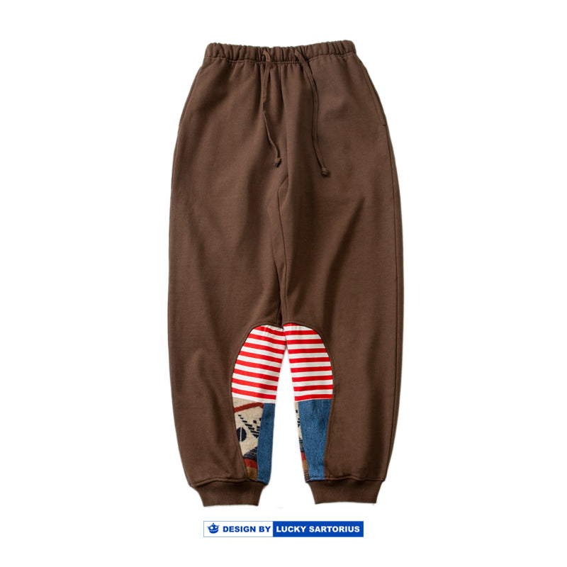 Japanese retro heavy high-gram weight cotton pants ethnic style water drop splicing elements men's elastic waist casual pants