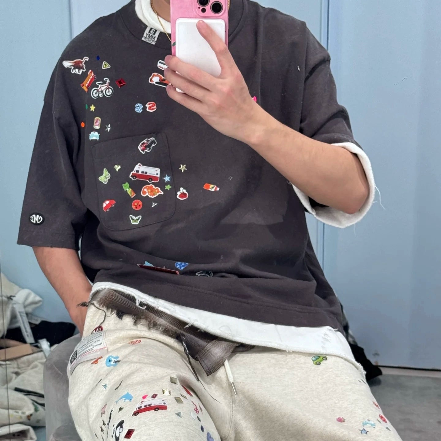 Japanese fun print fake three-piece splicing round collar short-sleeved T-shirt