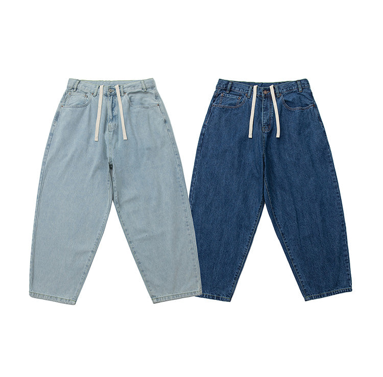 Japanese vintage distressed drawstring straight jeans men's autumn versatile handsome youth wide-leg pants